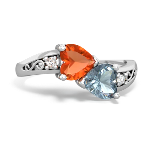 Fire Opal Genuine Fire Opal with Genuine Aquamarine Snuggling Hearts ring Ring