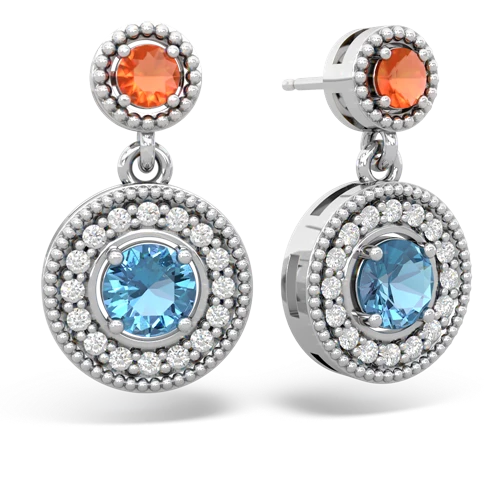 Fire Opal Genuine Fire Opal with Genuine Swiss Blue Topaz Halo Dangle earrings Earrings