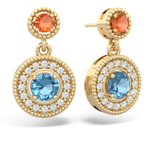 fire opal-blue topaz halo earrings