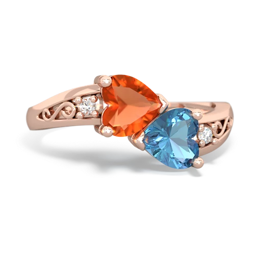 Fire Opal Genuine Fire Opal with Genuine Swiss Blue Topaz Snuggling Hearts ring Ring