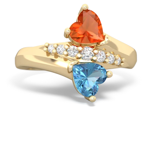 Fire Opal Genuine Fire Opal with Genuine Swiss Blue Topaz Heart to Heart Bypass ring Ring