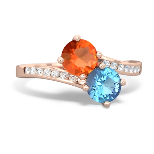 fire opal-blue topaz two stone channel ring