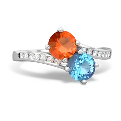 fire opal-blue topaz two stone channel ring