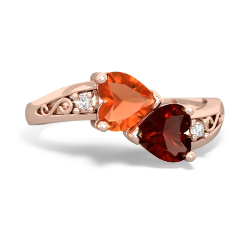 Fire Opal Genuine Fire Opal with Genuine Garnet Snuggling Hearts ring Ring