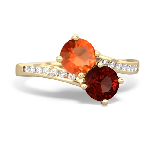 fire opal-garnet two stone channel ring