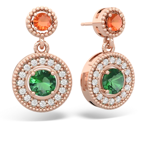 fire opal-lab emerald halo earrings