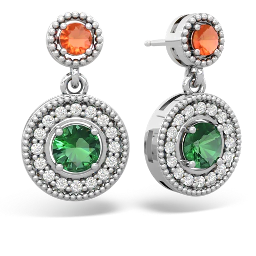 fire opal-lab emerald halo earrings