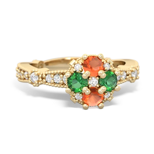 Fire Opal Genuine Fire Opal with Lab Created Emerald Milgrain Antique Style ring Ring