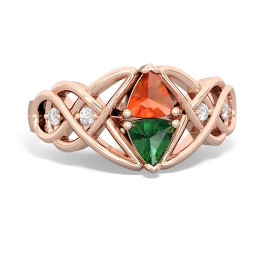 fire opal-lab emerald celtic knot ring