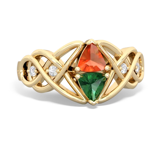fire opal-lab emerald celtic knot ring