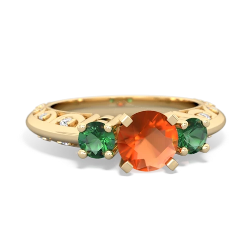 fire opal-lab emerald engagement ring