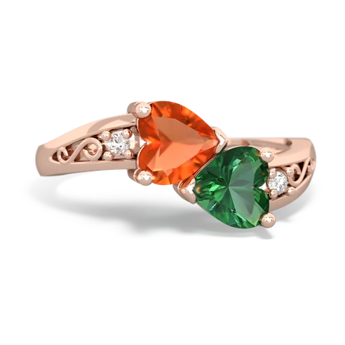 Fire Opal Genuine Fire Opal with Lab Created Emerald Snuggling Hearts ring Ring