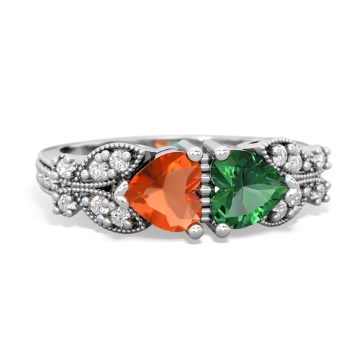 Fire Opal Genuine Fire Opal with Lab Created Emerald Diamond Butterflies ring Ring