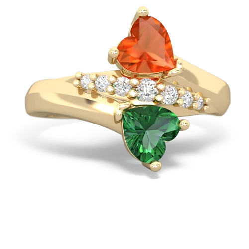 Fire Opal Genuine Fire Opal with Lab Created Emerald Heart to Heart Bypass ring Ring