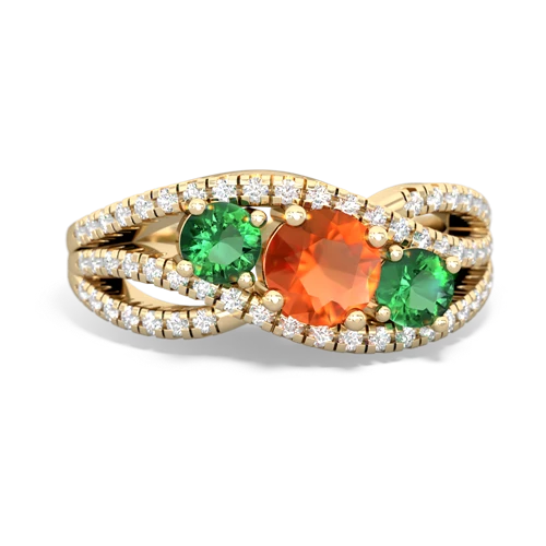 fire opal-lab emerald three stone pave ring