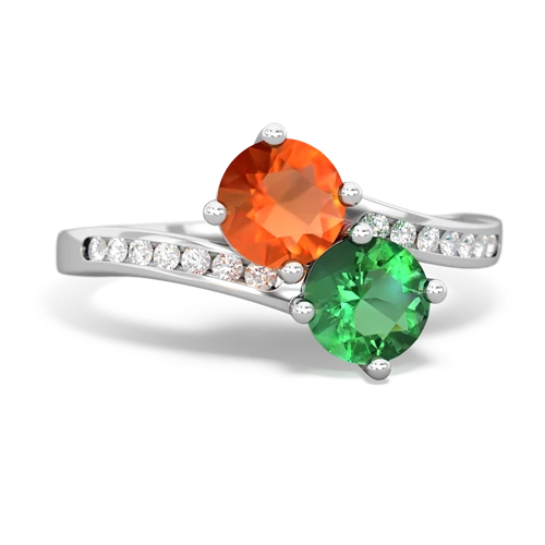 fire opal-lab emerald two stone channel ring