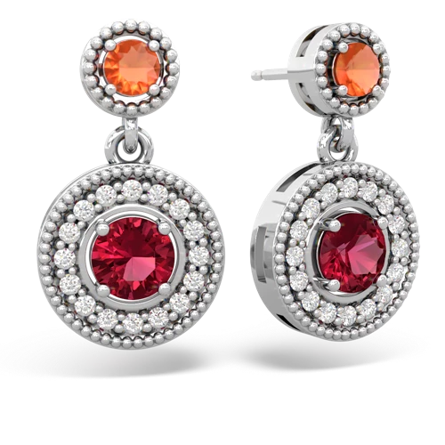 fire opal-lab ruby halo earrings