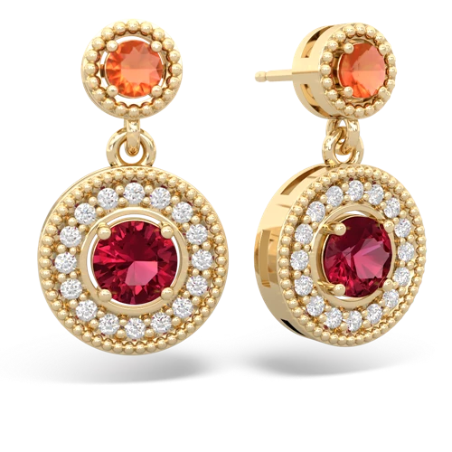 fire opal-lab ruby halo earrings