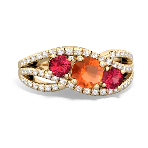 fire opal-lab ruby three stone pave ring