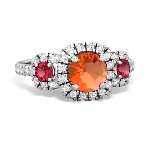 fire opal-lab ruby three stone regal ring