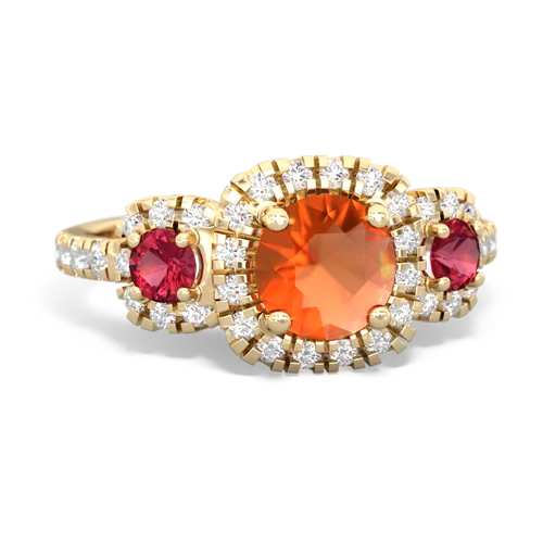 fire opal-lab ruby three stone regal ring