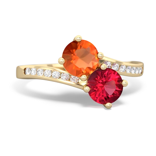 fire opal-lab ruby two stone channel ring