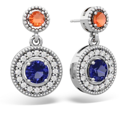 fire opal-lab sapphire halo earrings