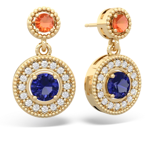 fire opal-lab sapphire halo earrings