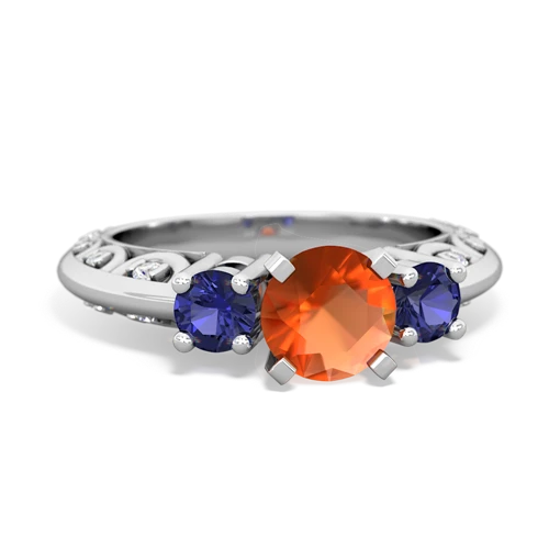 fire opal-lab sapphire engagement ring