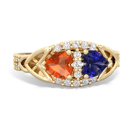 fire opal-lab sapphire keepsake engagement ring