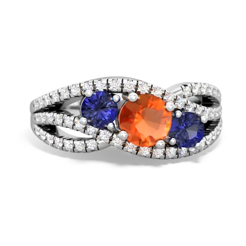 fire opal-lab sapphire three stone pave ring