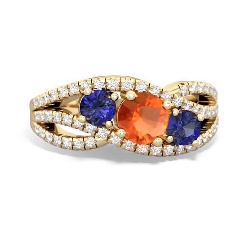 fire opal-lab sapphire three stone pave ring