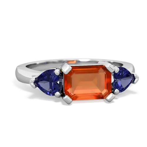 Fire Opal Genuine Fire Opal with Lab Created Sapphire and Lab Created Alexandrite Three Stone ring Ring