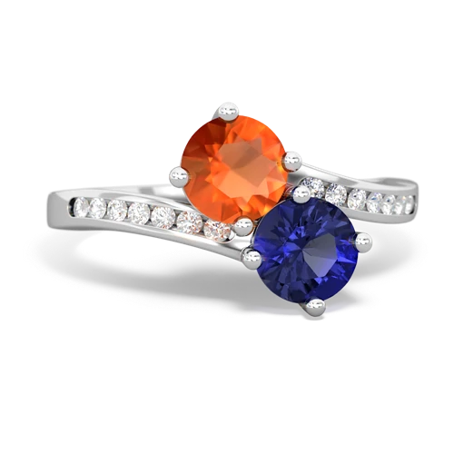 fire opal-lab sapphire two stone channel ring