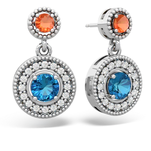 fire opal-london topaz halo earrings