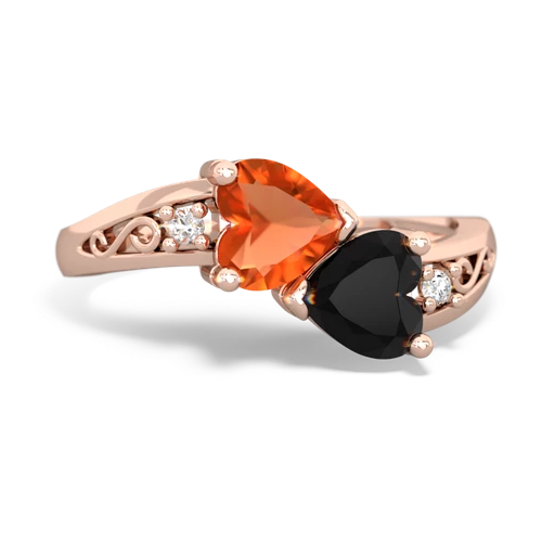 Fire Opal Genuine Fire Opal with Genuine Black Onyx Snuggling Hearts ring Ring