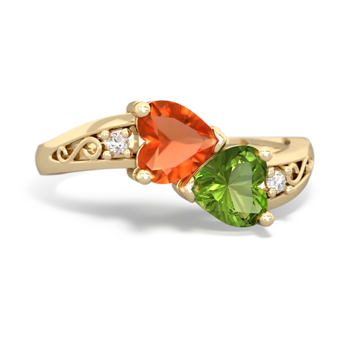 Fire Opal Genuine Fire Opal with Genuine Peridot Snuggling Hearts ring Ring
