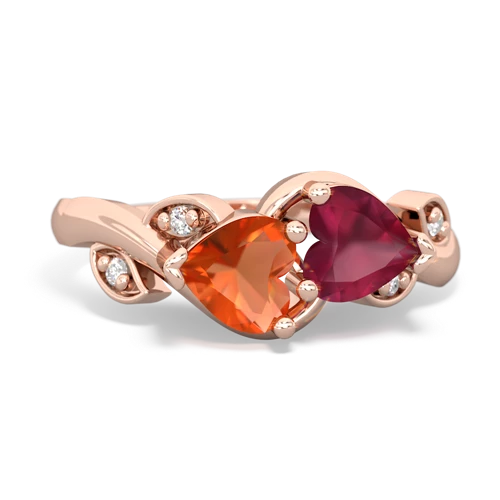 Fire Opal Genuine Fire Opal with Genuine Ruby Floral Elegance ring Ring