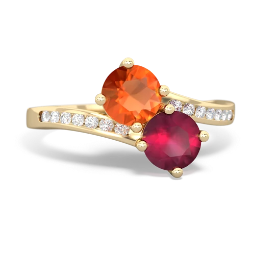 fire opal-ruby two stone channel ring