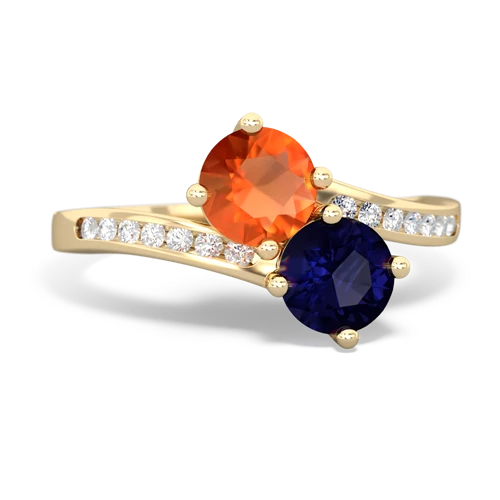fire opal-sapphire two stone channel ring