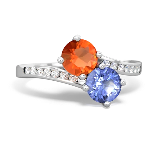 fire opal-tanzanite two stone channel ring