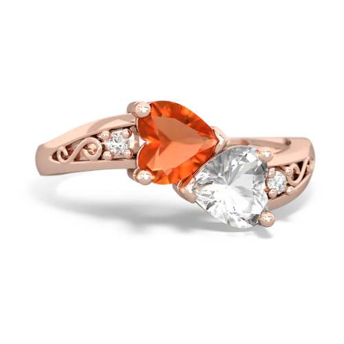 Fire Opal Genuine Fire Opal with Genuine White Topaz Snuggling Hearts ring Ring