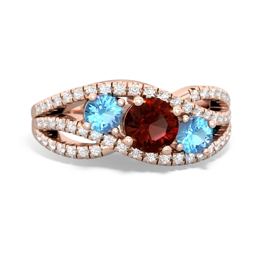 garnet-blue topaz three stone pave ring