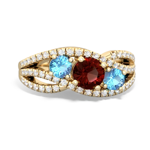 garnet-blue topaz three stone pave ring