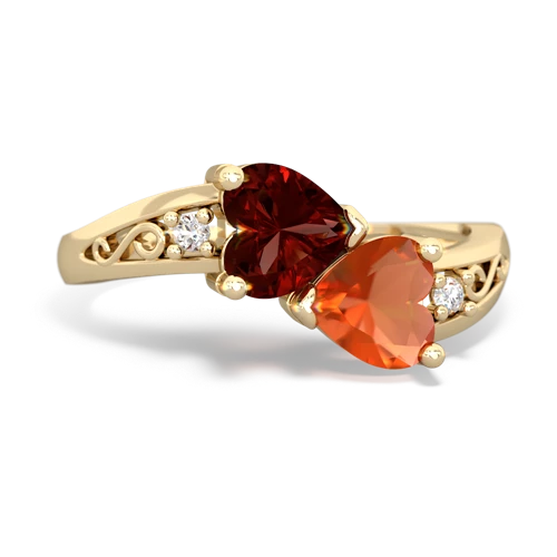 Genuine Garnet with Genuine Fire Opal Snuggling Hearts ring