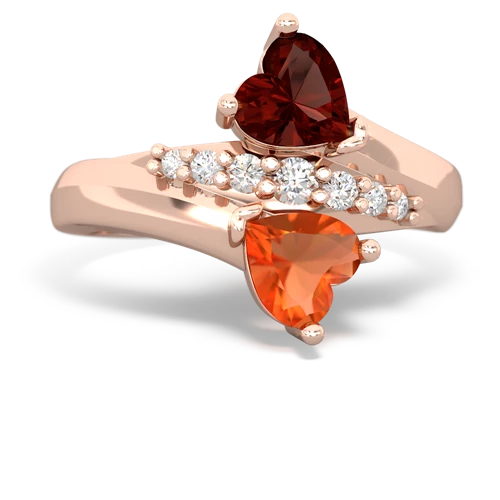 Genuine Garnet with Genuine Fire Opal Heart to Heart Bypass ring