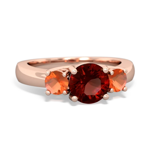 Genuine Garnet with Genuine Fire Opal and  Three Stone Trellis ring
