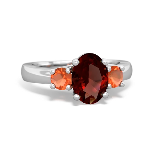 Genuine Garnet with Genuine Fire Opal Three Stone Trellis ring