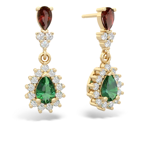 Genuine Garnet with Lab Created Emerald Halo Pear Dangle earrings