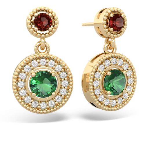 Genuine Garnet with Lab Created Emerald Halo Dangle earrings